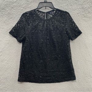 Madewell Black Refined Lace Floral Crew Neck Short Sleeve Lined Top Blouse S